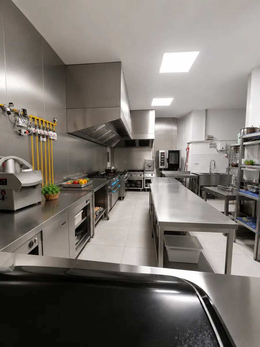 Vue large de la cuisine centrale CK8 Fusion : plans de travail en inox, piano de cuisson sous hotte, four mixte et four à convection, chariots de service — quartier Palmier, Casablanca.